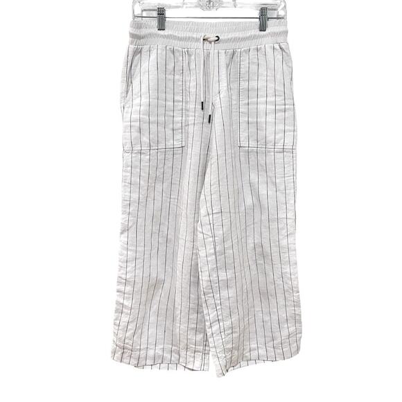 Athleta Pants - Athleta Womens Pants 4 White Linen Wide Leg Cropped Striped Drawstring Waist